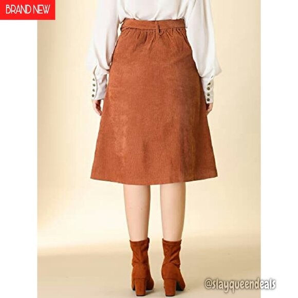 High Waist Corduroy Midi Skirt with Buttons & Belt, A-Line Fit - Picture 6 of 8